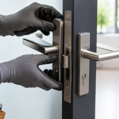 Locksmith installing and repairing a door lock